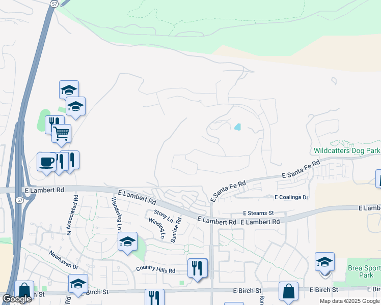 map of restaurants, bars, coffee shops, grocery stores, and more near 2584 East Temblor Ranch Drive in Brea
