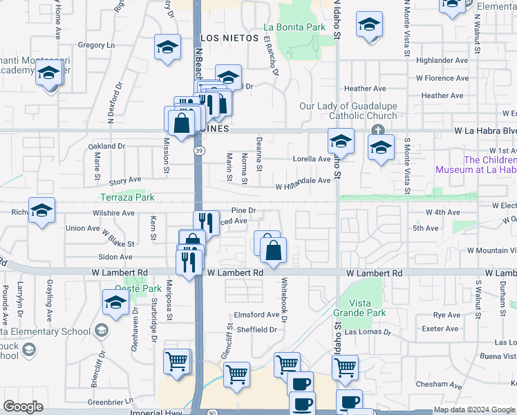 map of restaurants, bars, coffee shops, grocery stores, and more near 1651 Pine Drive in La Habra