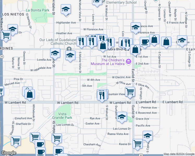 map of restaurants, bars, coffee shops, grocery stores, and more near 361 Knudson Street in La Habra