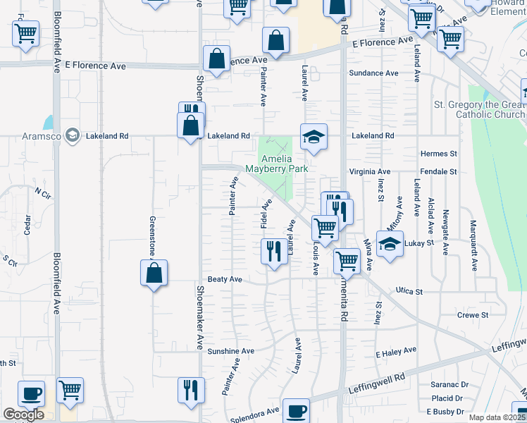 map of restaurants, bars, coffee shops, grocery stores, and more near 11317 Fidel Avenue in Whittier
