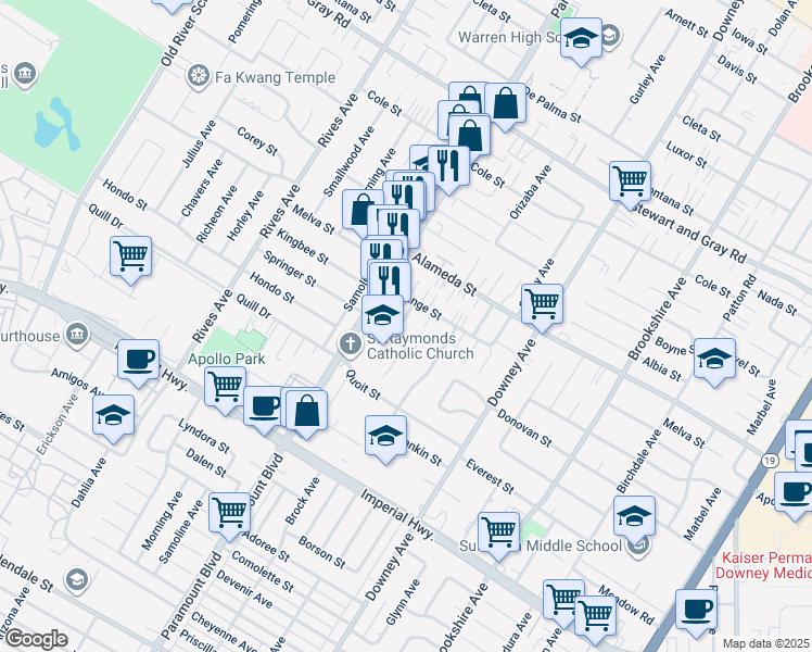 map of restaurants, bars, coffee shops, grocery stores, and more near 12256 Paramount Boulevard in Downey