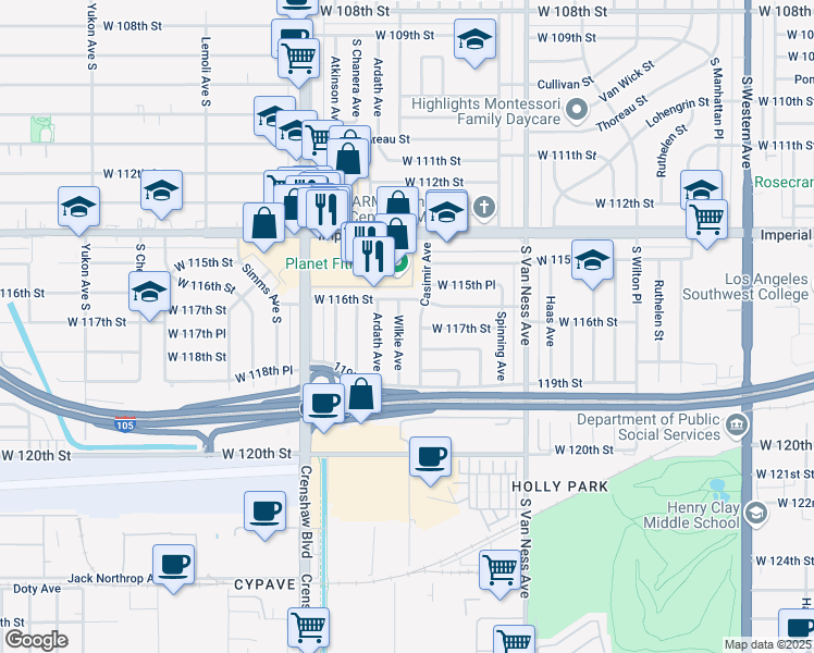 map of restaurants, bars, coffee shops, grocery stores, and more near 11609 Wilkie Avenue in Hawthorne