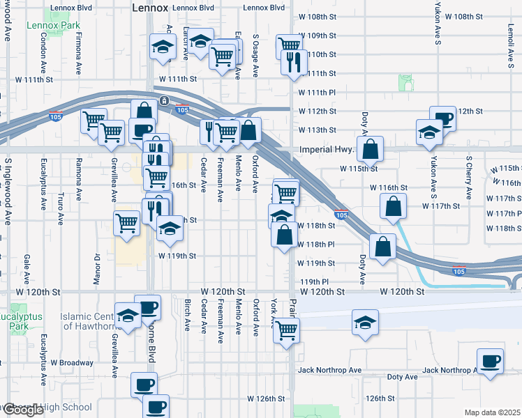 map of restaurants, bars, coffee shops, grocery stores, and more near 11628 Oxford Avenue in Hawthorne