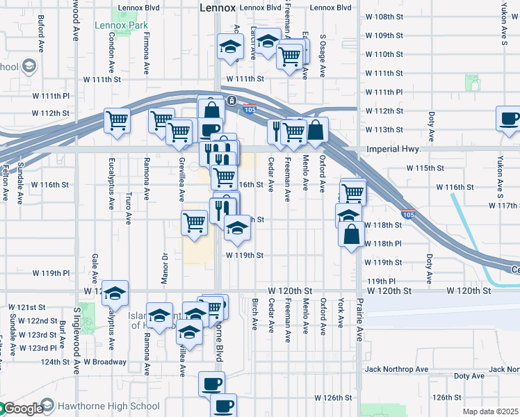 map of restaurants, bars, coffee shops, grocery stores, and more near 11628 Birch Avenue in Hawthorne
