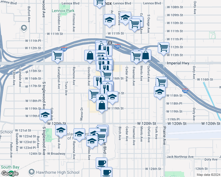 map of restaurants, bars, coffee shops, grocery stores, and more near 11625 Acacia Avenue in Hawthorne