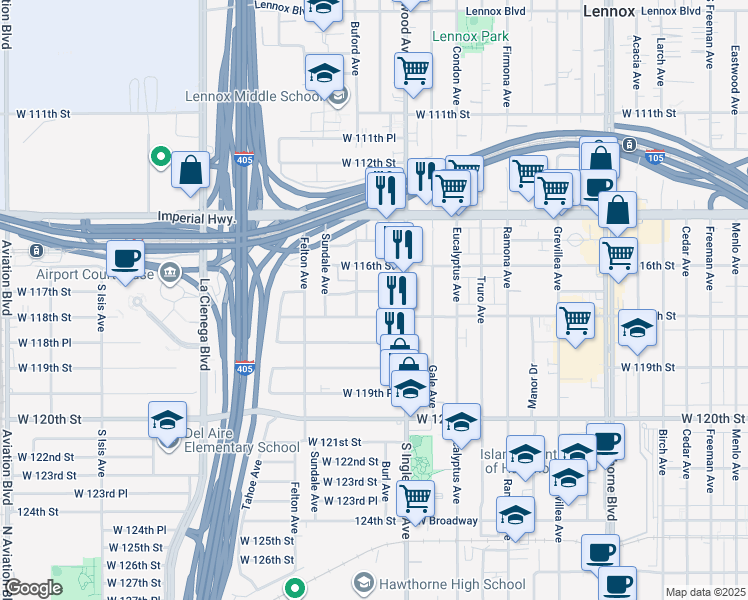 map of restaurants, bars, coffee shops, grocery stores, and more near 4817 West 117th Street in Hawthorne