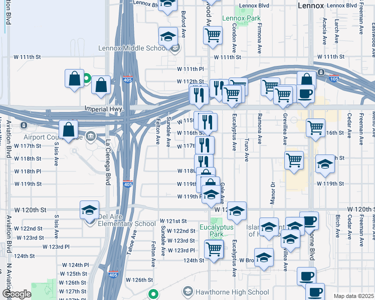 map of restaurants, bars, coffee shops, grocery stores, and more near 4901 Buford Avenue in Hawthorne