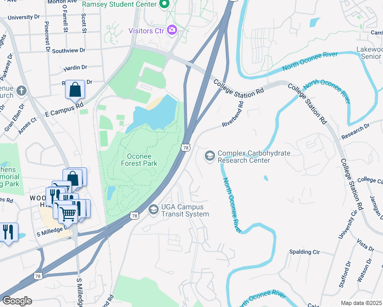 map of restaurants, bars, coffee shops, grocery stores, and more near 315 Riverbend Road in Athens