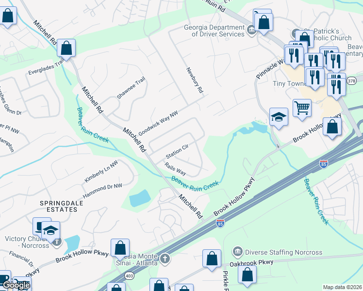 map of restaurants, bars, coffee shops, grocery stores, and more near 5451 Station Circle in Norcross