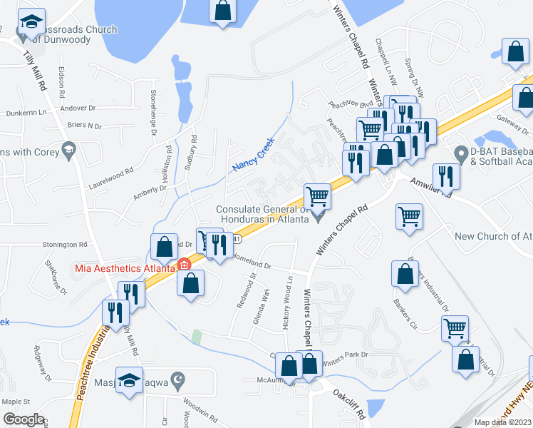 map of restaurants, bars, coffee shops, grocery stores, and more near 6694 Peachtree Industrial Boulevard in Dunwoody