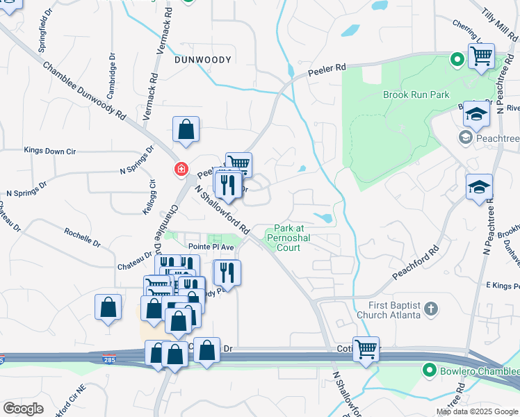 map of restaurants, bars, coffee shops, grocery stores, and more near 4336 Village Oaks Lane in Dunwoody