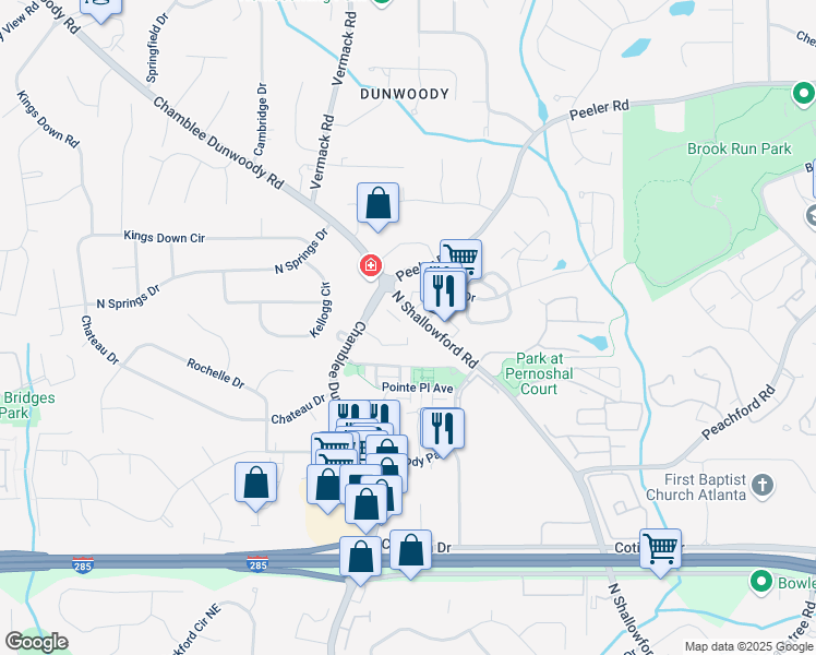 map of restaurants, bars, coffee shops, grocery stores, and more near 4685 Chamblee Dunwoody Road in Dunwoody