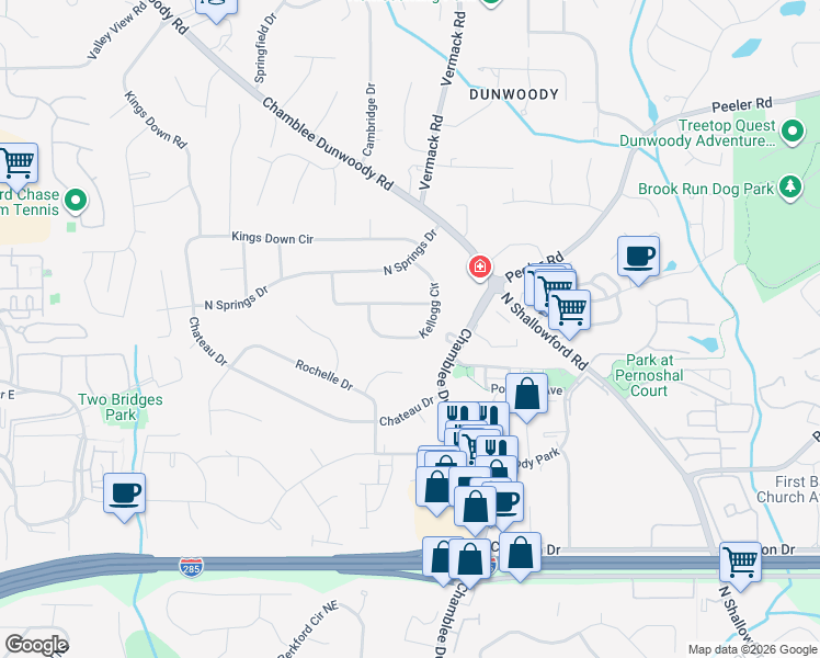 map of restaurants, bars, coffee shops, grocery stores, and more near 4492 Kellogg Circle in Dunwoody