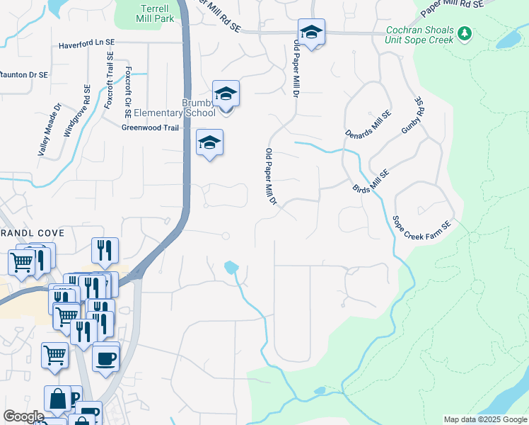 map of restaurants, bars, coffee shops, grocery stores, and more near 792 Old Paper Mill Drive in Marietta