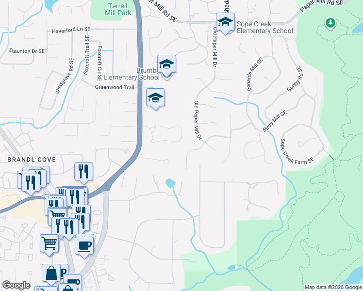map of restaurants, bars, coffee shops, grocery stores, and more near 3280 Winthrop Circle in Marietta