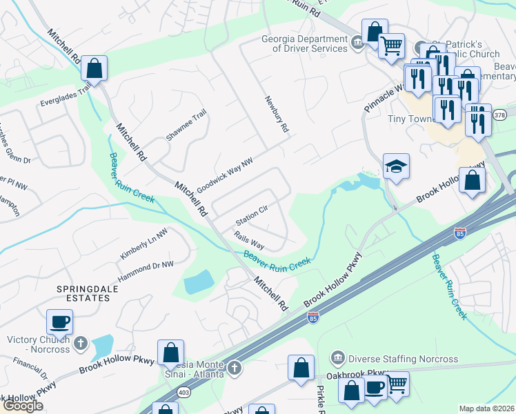 map of restaurants, bars, coffee shops, grocery stores, and more near 5451 Station Cir in Norcross