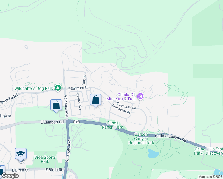 map of restaurants, bars, coffee shops, grocery stores, and more near 3839 Whistle Train Road in Brea