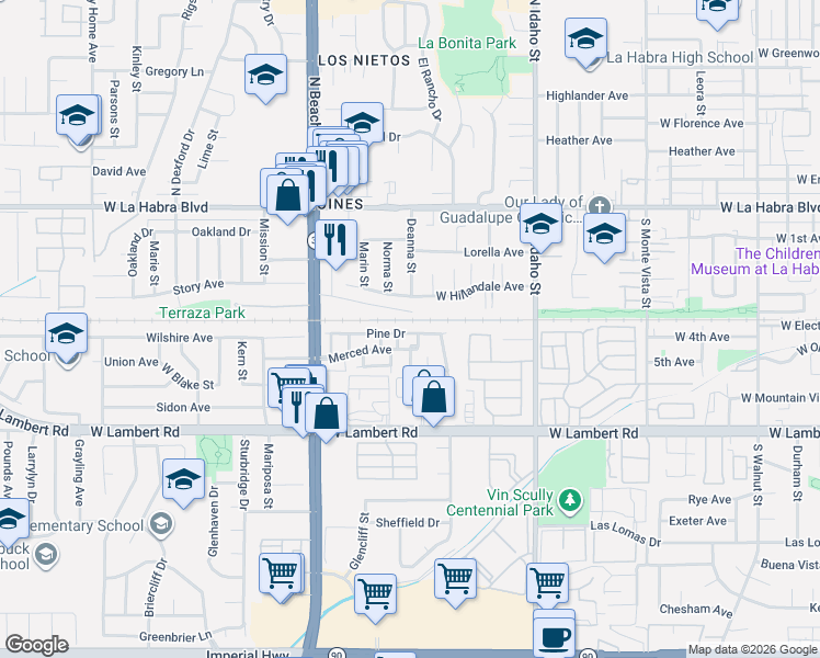 map of restaurants, bars, coffee shops, grocery stores, and more near 1651 Pine Drive in La Habra