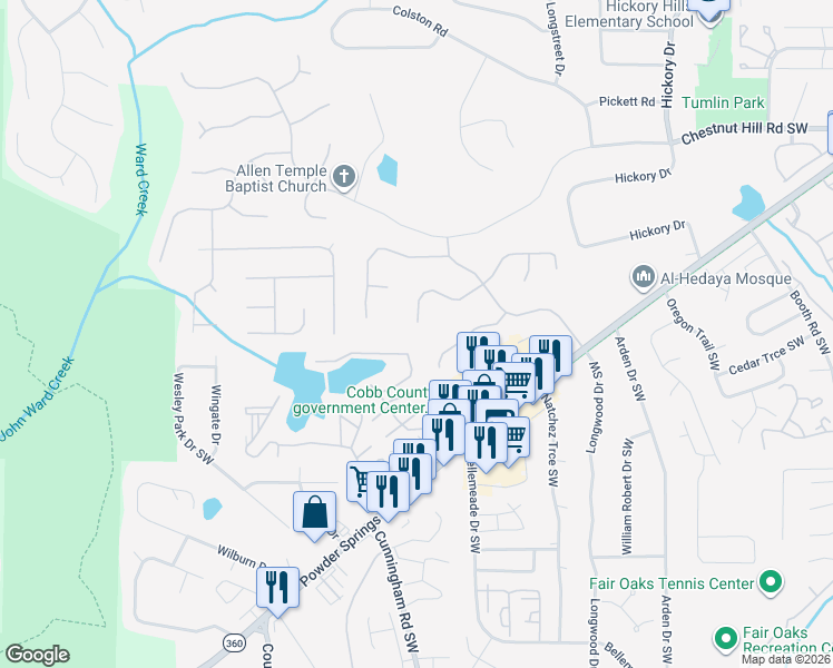 map of restaurants, bars, coffee shops, grocery stores, and more near 1068 Laurel Valley Drive Southwest in Marietta