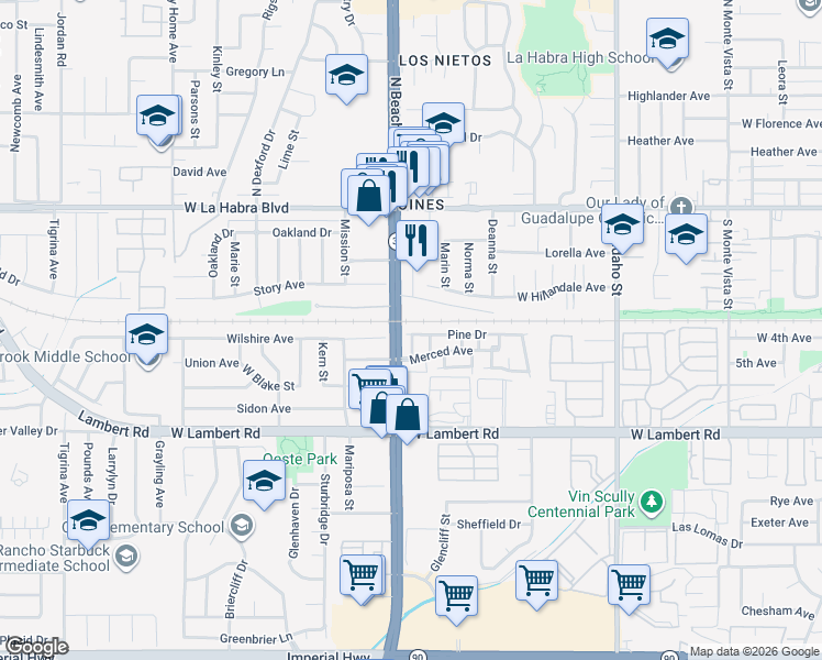 map of restaurants, bars, coffee shops, grocery stores, and more near 1971 Pine Drive in La Habra