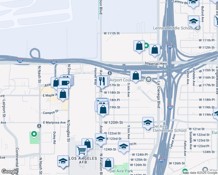 map of restaurants, bars, coffee shops, grocery stores, and more near 5518 West 117th Street in Inglewood