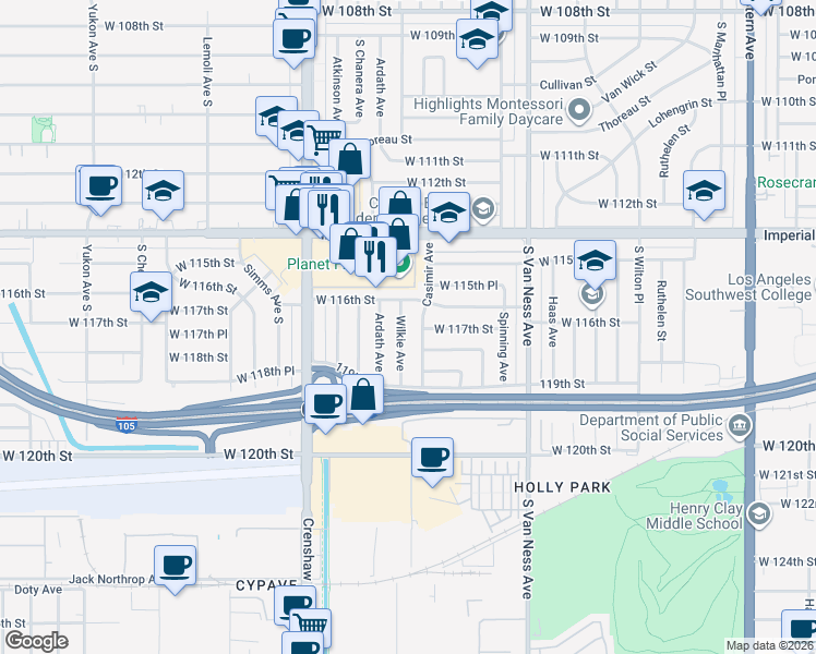 map of restaurants, bars, coffee shops, grocery stores, and more near 11609 Wilkie Avenue in Hawthorne
