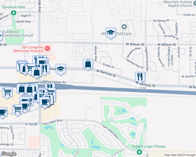 map of restaurants, bars, coffee shops, grocery stores, and more near 5500 C Street in Banning