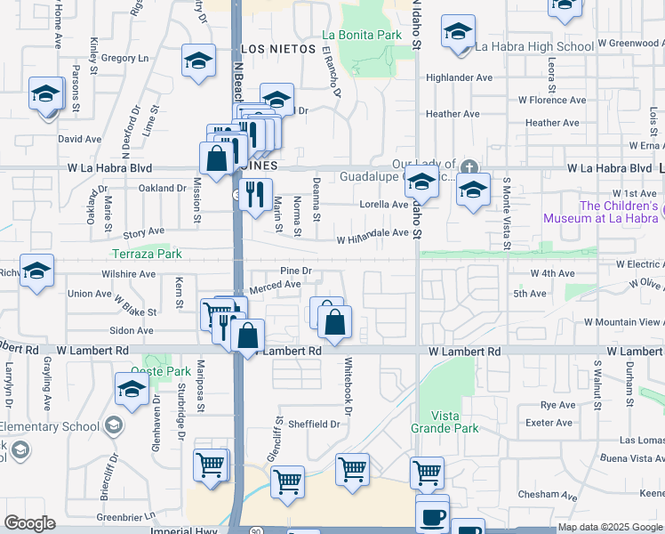 map of restaurants, bars, coffee shops, grocery stores, and more near 1561 Pine Drive in La Habra