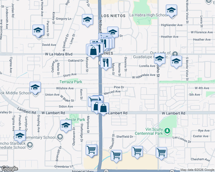 map of restaurants, bars, coffee shops, grocery stores, and more near 1921 Pine Drive in La Habra