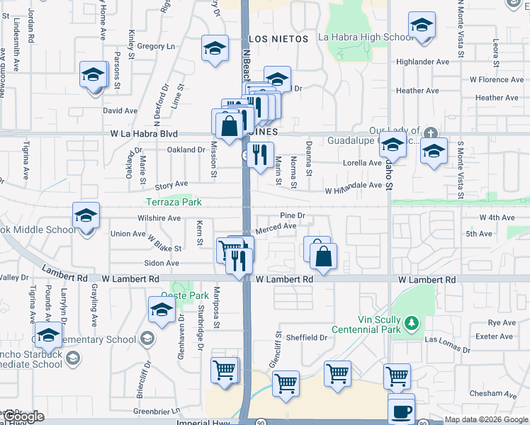 map of restaurants, bars, coffee shops, grocery stores, and more near 1921 Pine Drive in La Habra