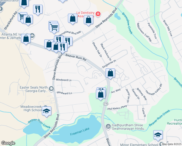 map of restaurants, bars, coffee shops, grocery stores, and more near 1359 Beaver Ruin Road in Norcross