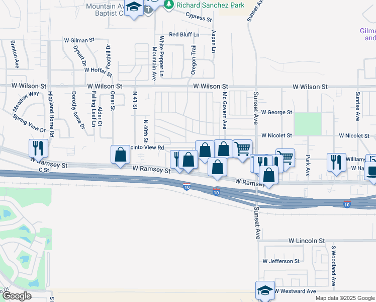 map of restaurants, bars, coffee shops, grocery stores, and more near 3802 West Jacinto View Road in Banning