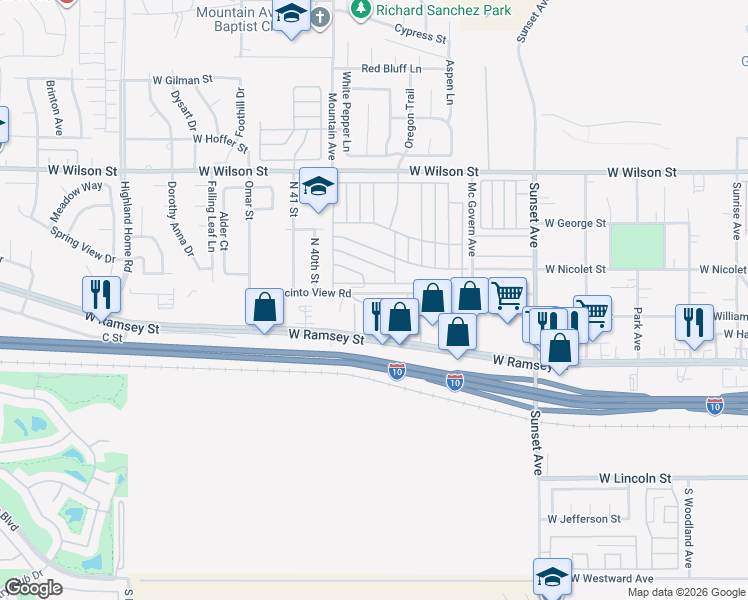 map of restaurants, bars, coffee shops, grocery stores, and more near 3880 West Jacinto View Road in Banning