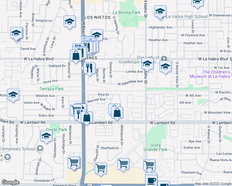 map of restaurants, bars, coffee shops, grocery stores, and more near 1561 Pine Drive in La Habra