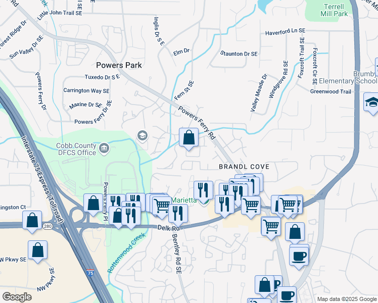 map of restaurants, bars, coffee shops, grocery stores, and more near 2693 Greentree Drive Southeast in Marietta