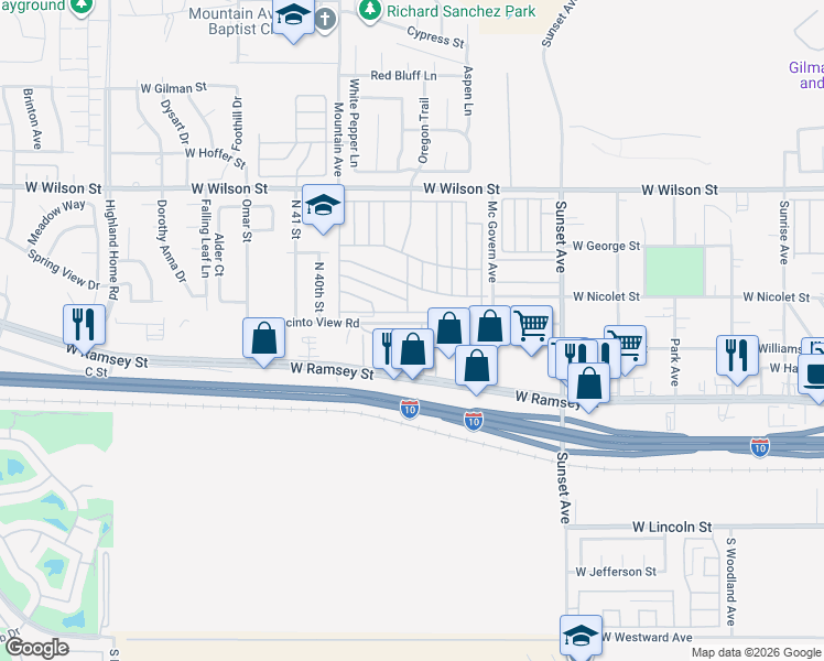 map of restaurants, bars, coffee shops, grocery stores, and more near 3800 West Wilson Street in Banning