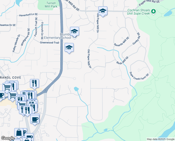 map of restaurants, bars, coffee shops, grocery stores, and more near 792 Old Paper Mill Drive in Marietta