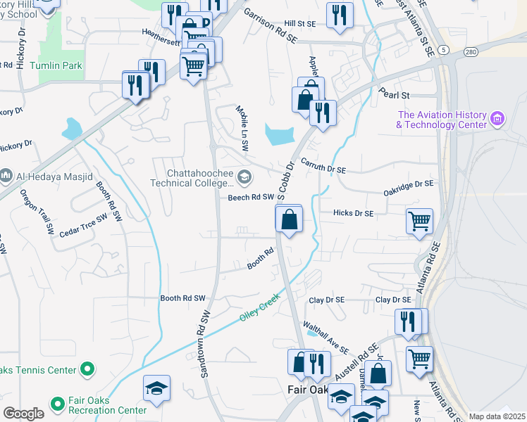 map of restaurants, bars, coffee shops, grocery stores, and more near 1018 South Cobb Drive Southeast in Marietta