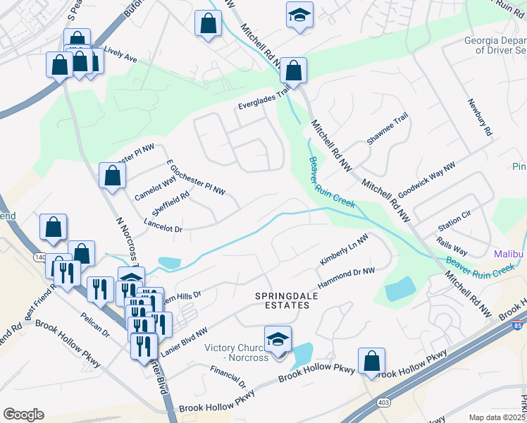 map of restaurants, bars, coffee shops, grocery stores, and more near 1078 Lancelot Drive in Norcross