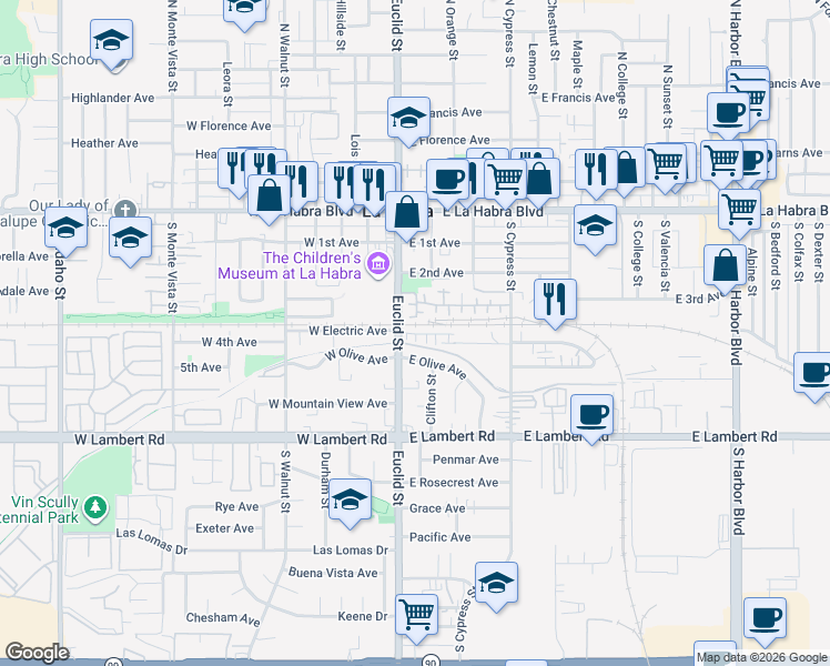 map of restaurants, bars, coffee shops, grocery stores, and more near 107 East Knox Drive in La Habra