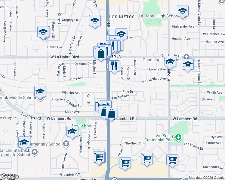 map of restaurants, bars, coffee shops, grocery stores, and more near 1971 Pine Drive in La Habra