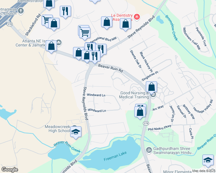 map of restaurants, bars, coffee shops, grocery stores, and more near 4343 Redgate Road in Norcross