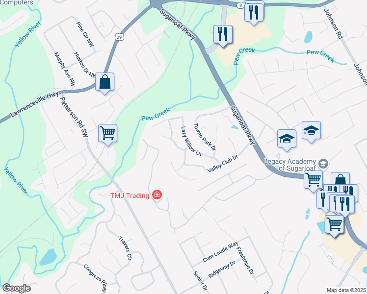 map of restaurants, bars, coffee shops, grocery stores, and more near 435 Lazy Willow Lane in Lawrenceville