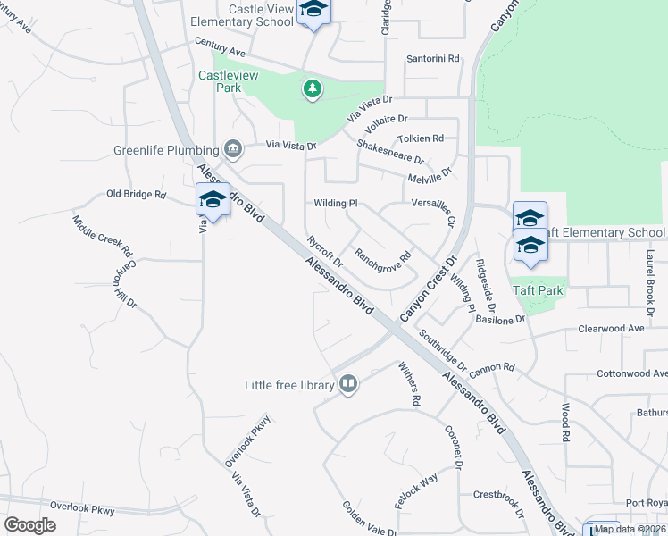 map of restaurants, bars, coffee shops, grocery stores, and more near 6800 Rycroft Drive in Riverside