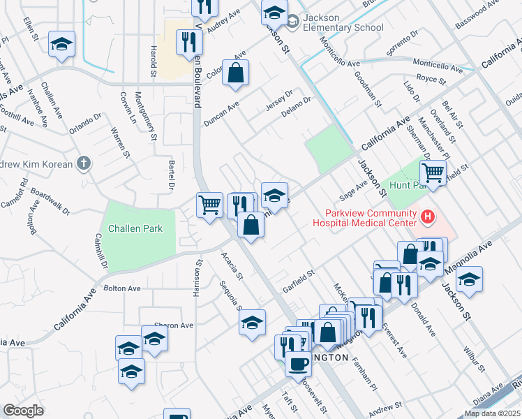 map of restaurants, bars, coffee shops, grocery stores, and more near 9405 California Avenue in Riverside