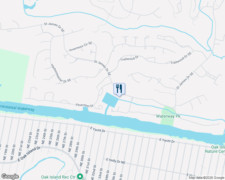 map of restaurants, bars, coffee shops, grocery stores, and more near 2555 Saint James Drive Southeast in Southport