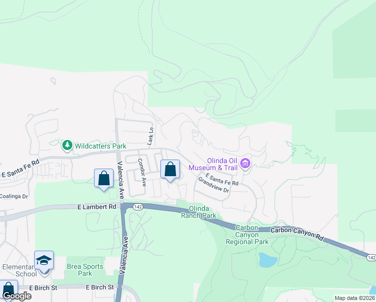 map of restaurants, bars, coffee shops, grocery stores, and more near 3839 Whistle Train Road in Brea