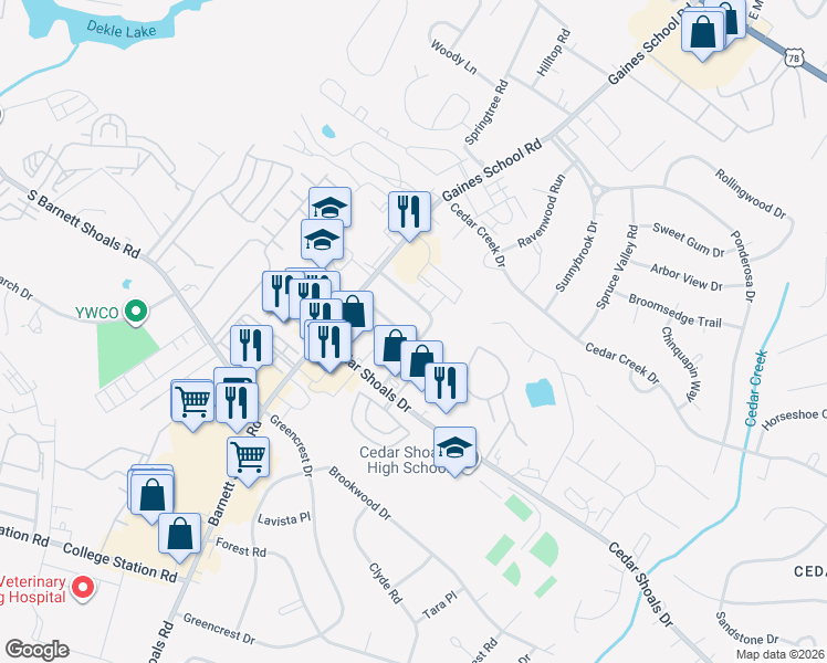 map of restaurants, bars, coffee shops, grocery stores, and more near 149 Barrington Place in Athens