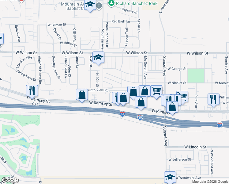 map of restaurants, bars, coffee shops, grocery stores, and more near 3880 West Jacinto View Road in Banning