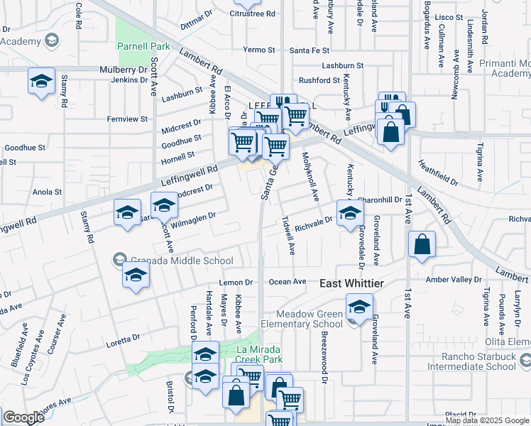 map of restaurants, bars, coffee shops, grocery stores, and more near 11550 Santa Gertrudes Avenue in Whittier